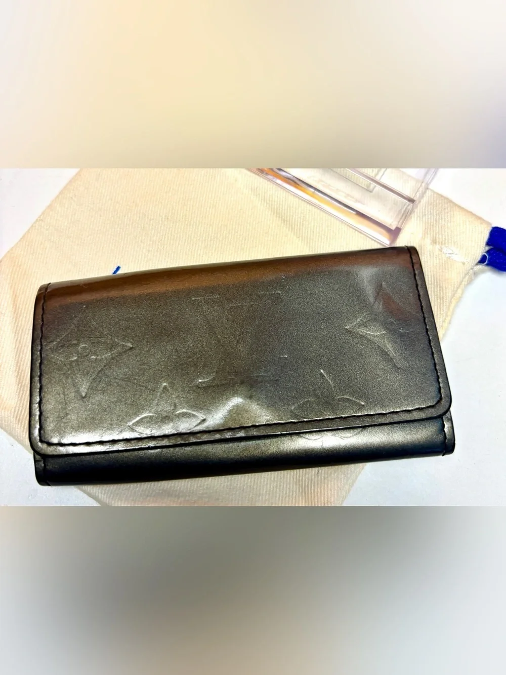 Louis Vuitton Charcoal Metallic Leather Key Holder w/LV Dust Bag| Box| Gift COA